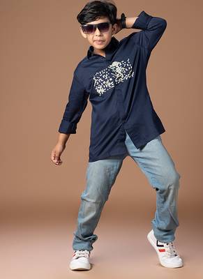 Navy blue embroidered cotton shirt 3