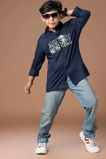 Navy blue embroidered cotton shirt