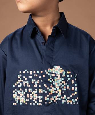 Navy blue embroidered cotton shirt 4