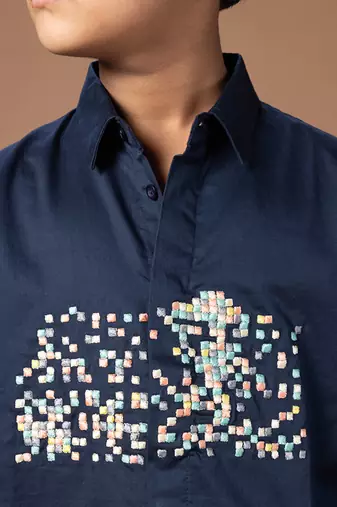 Navy blue embroidered cotton shirt