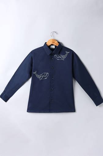 Navy blue embroidered cotton shirt