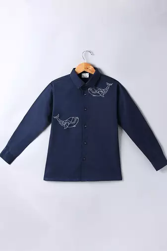 Navy blue embroidered cotton shirt