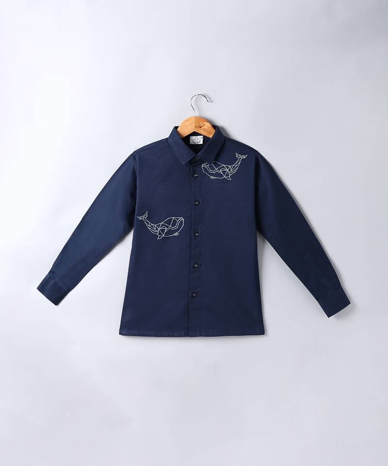 Navy blue embroidered cotton shirt