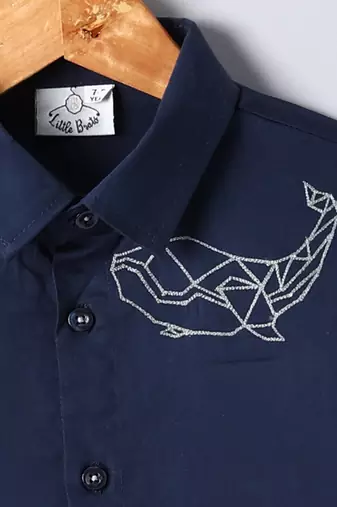 Navy blue embroidered cotton shirt