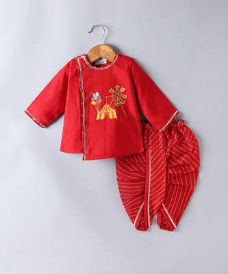 Red embroidered cotton dhoti kurta set 1