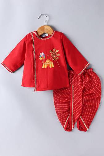 Red embroidered cotton dhoti kurta set