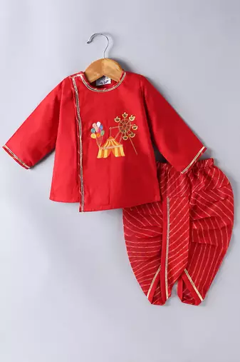 Red embroidered cotton dhoti kurta set