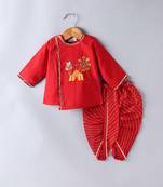 Red embroidered cotton dhoti kurta set