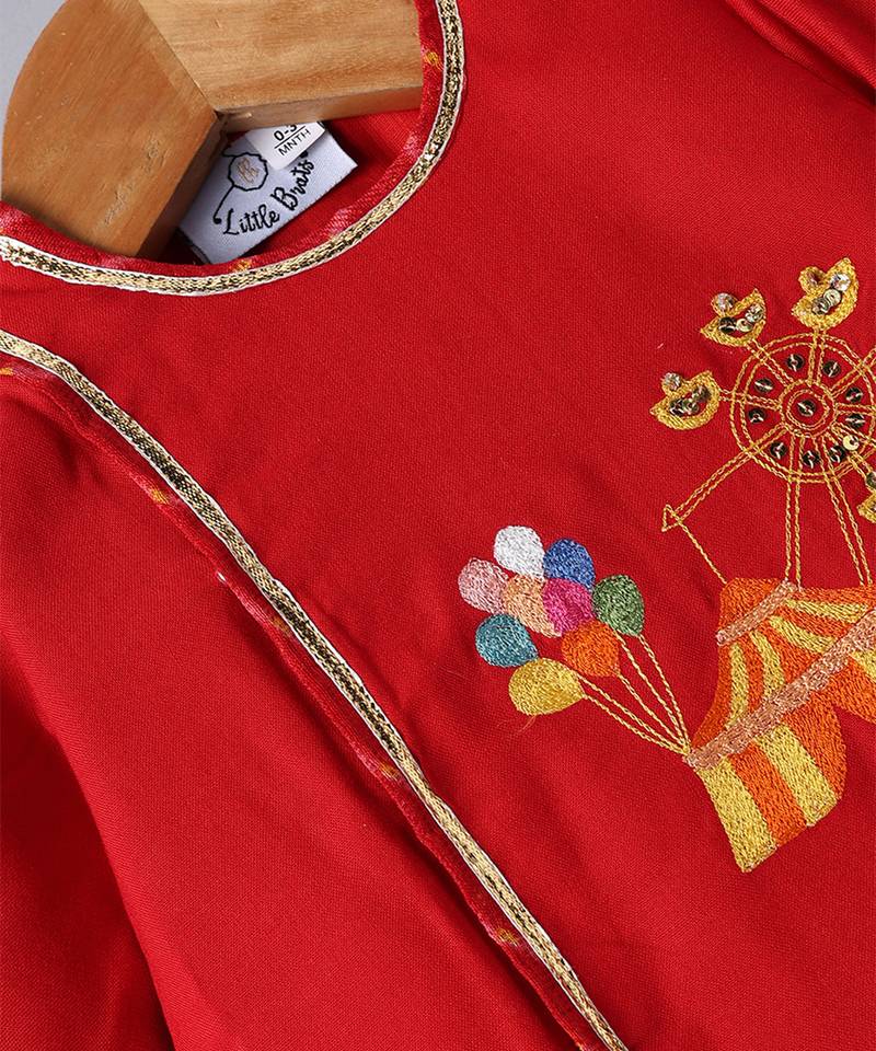 Red embroidered cotton dhoti kurta set