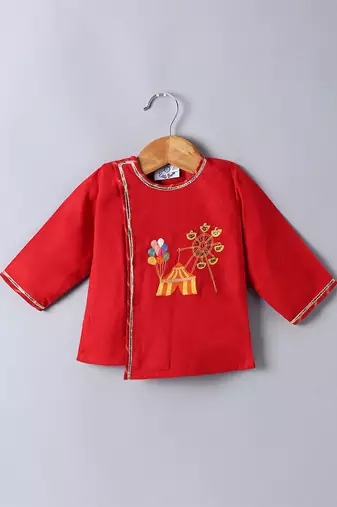 Red embroidered cotton dhoti kurta set