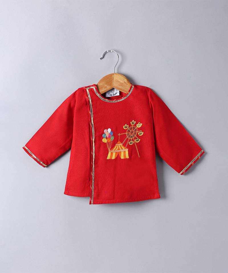 Red embroidered cotton dhoti kurta set
