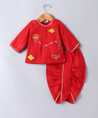 Red parachute embroidered cotton dhoti kurta set 1