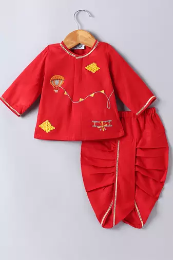 Red parachute embroidered cotton dhoti kurta set