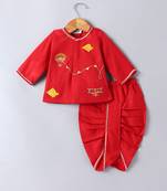 Red parachute embroidered cotton dhoti kurta set
