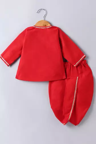 Red parachute embroidered cotton dhoti kurta set