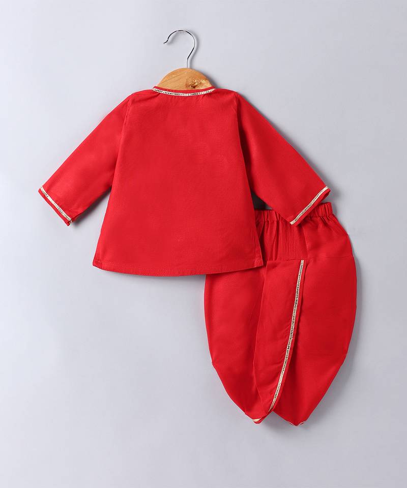 Red parachute embroidered cotton dhoti kurta set