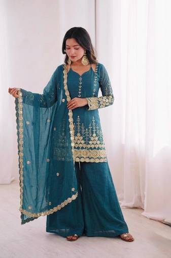 Premium fendy silk sharara palazzo set with embroidered dupatta