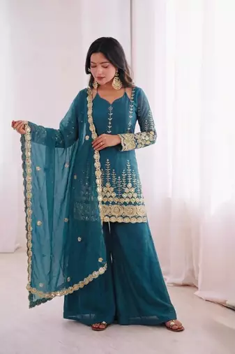 Premium fendy silk sharara palazzo set with embroidered dupatta
