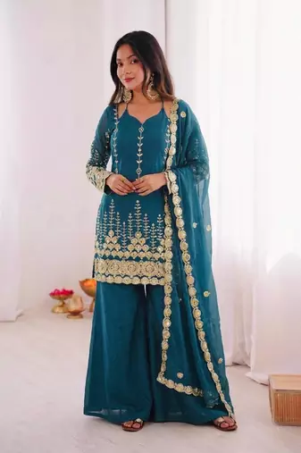 Premium fendy silk sharara palazzo set with embroidered dupatta