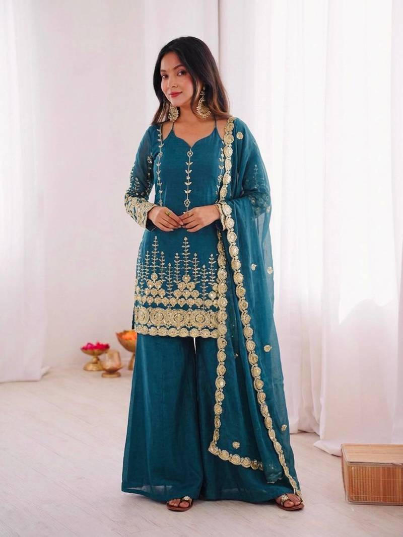 Premium fendy silk sharara palazzo set with embroidered dupatta