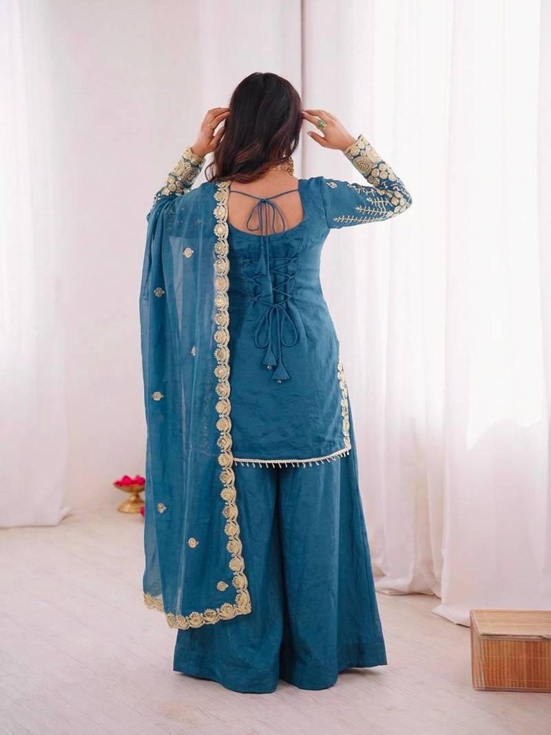 Premium fendy silk sharara palazzo set with embroidered dupatta