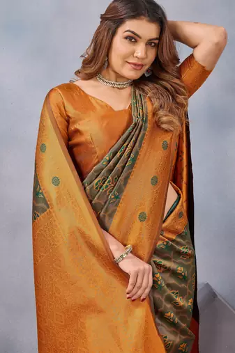 Green orange silk blend banarasi saree with unstitched blouse piece