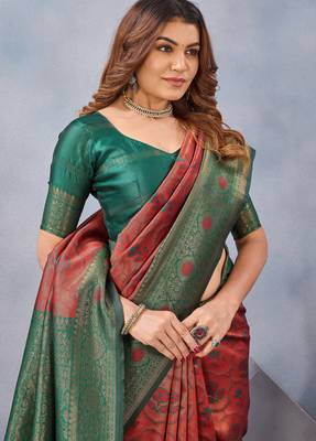 Orange green silk blend banarasi saree with unstitched blouse piece 6