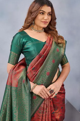 Orange green silk blend banarasi saree with unstitched blouse piece