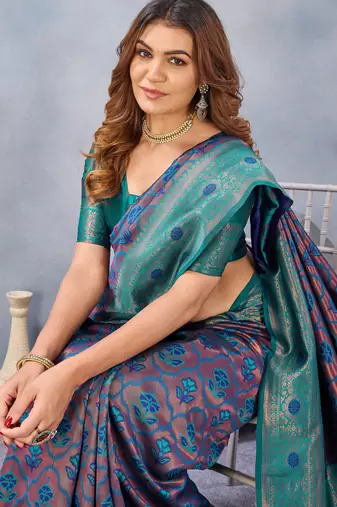Turquoise silk blend banarasi saree with unstitched blouse piece