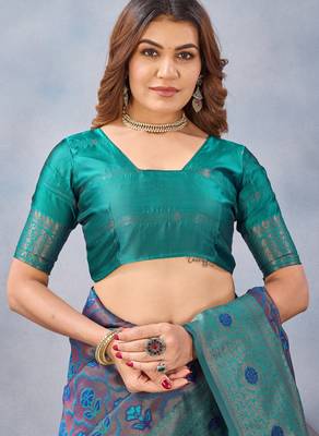 Turquoise silk blend banarasi saree with unstitched blouse piece 7