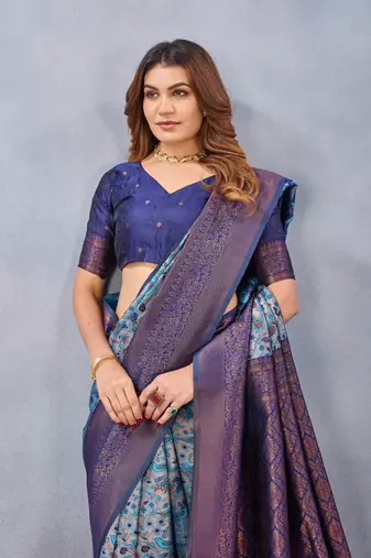 Turquoise silk blend banarasi saree with blouse 