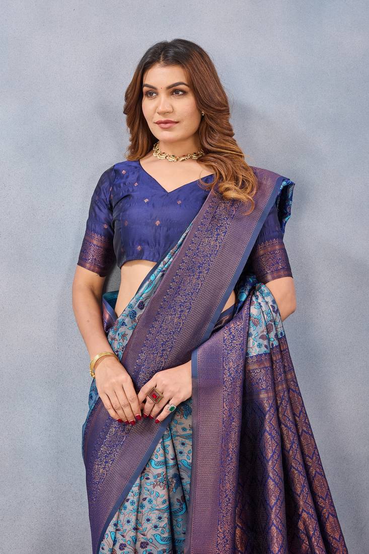 Turquoise silk blend banarasi saree with blouse 