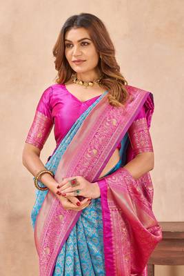 pink silk blend banarasi saree with unstitched blouse piece 6