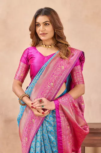pink silk blend banarasi saree with unstitched blouse piece