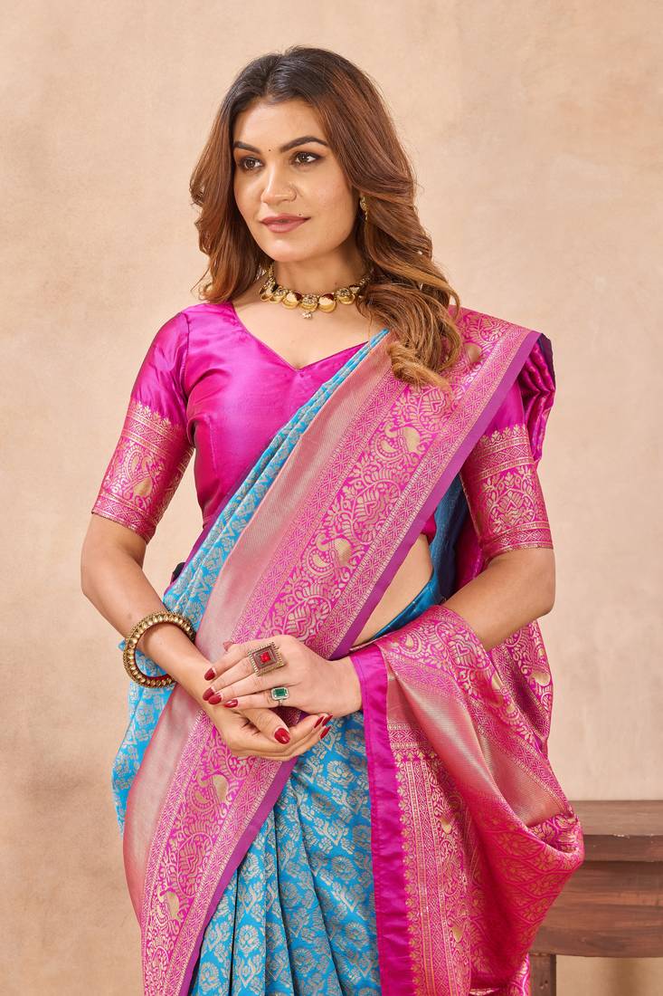 pink silk blend banarasi saree with unstitched blouse piece