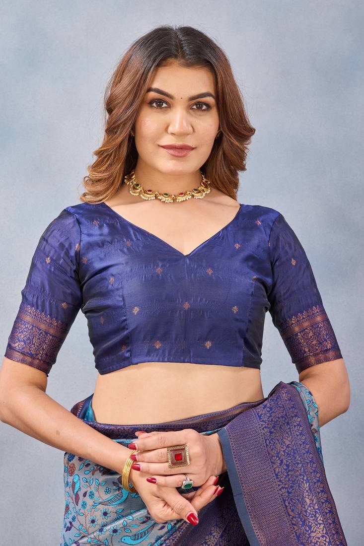 Turquoise silk blend banarasi saree with blouse 
