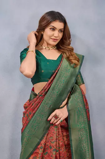 Orange green silk blend banarasi saree with unstitched blouse piece