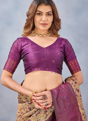 Beige wine silk blend banarasi saree with unstitched blouse piece 7