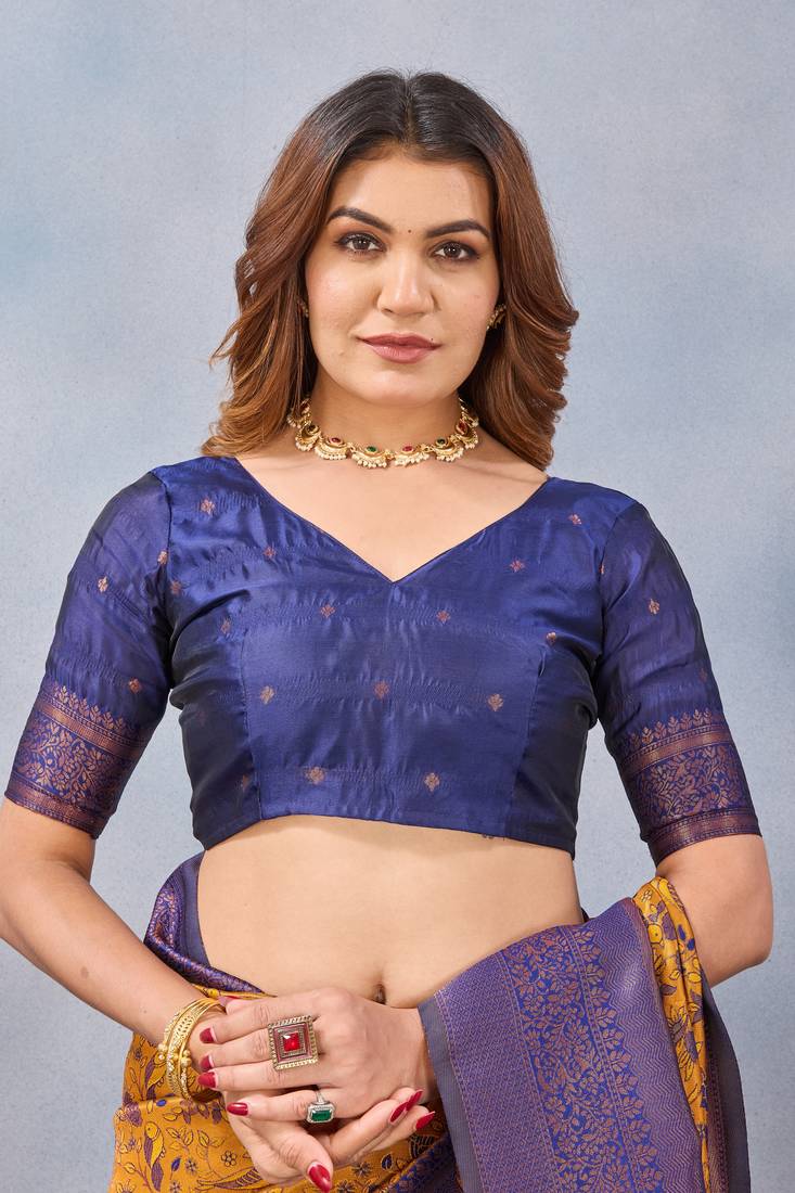Mustard blue silk blend banarasi saree with unstitched blouse piece