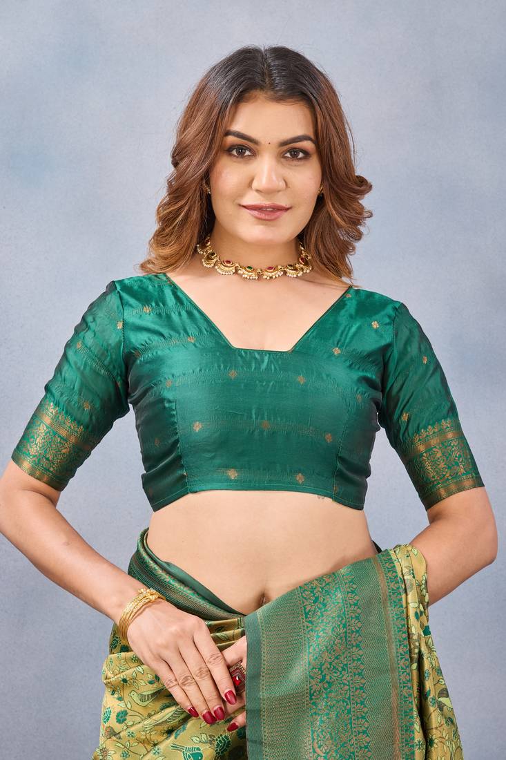 Parrot green silk blend banarasi saree with unstitched blouse piece