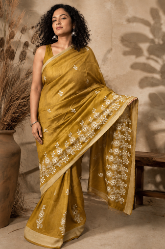 mustard Embroidered saree