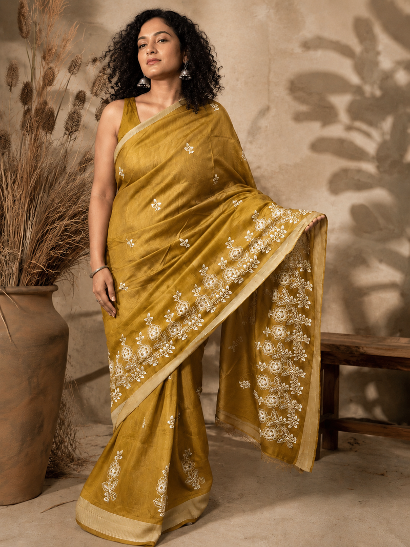 mustard Embroidered saree