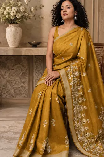 mustard Embroidered saree