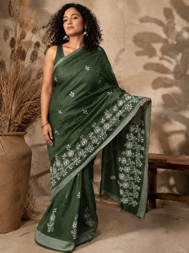 green Embroidered saree