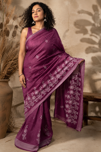 purple Embroidered saree