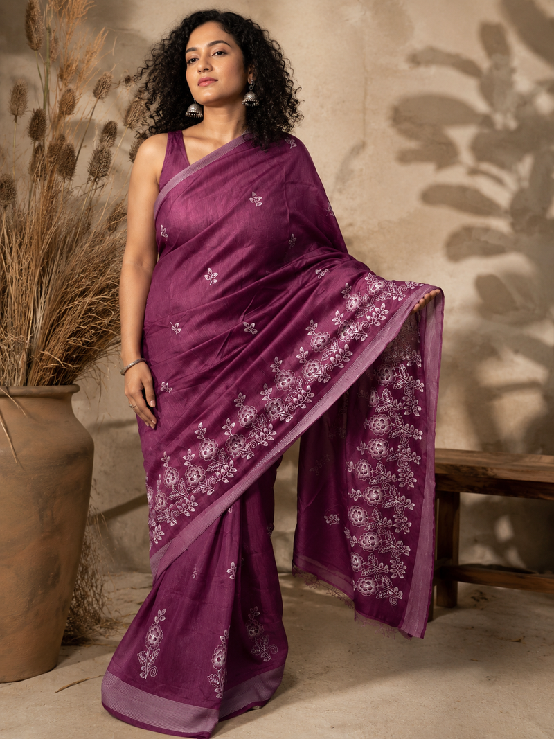 purple Embroidered saree