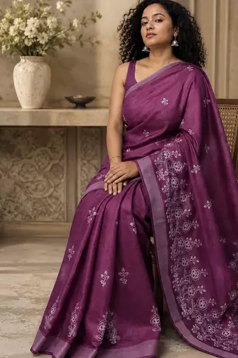 purple Embroidered saree