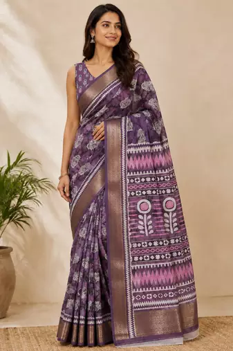 Purple block printed saree