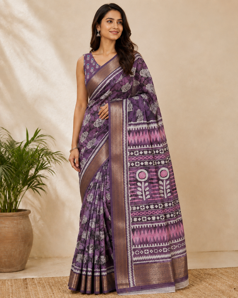 Purple block printed saree