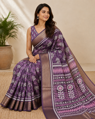 Purple block printed saree 3
